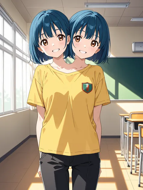 anime girl with two heads, blue hair, brown eyes, smiling, yellow t-shirt, black pants, standing at the front of a university classroom