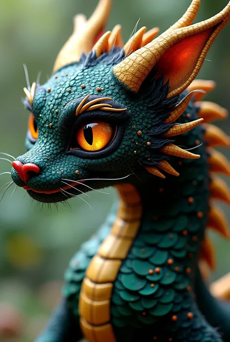 Chinese dragon with black cat-like fur with bright sparkles, The head would be between a mixture of a dragon and a cat, with large expressive gold-colored eyes, The horns could be delicate and curved like tree branches, Colors would be deep black gold and ...