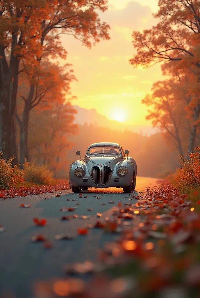 Picture of a car walking on the road as the sun sets and leaves fall 