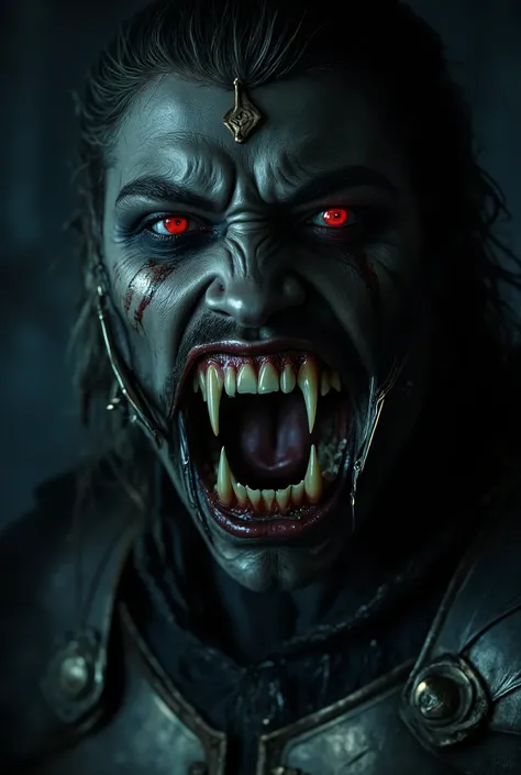 Vampire warrior king with large pointed teeth wearing Spartan armor, com a boca aberta mostrando  large, pointed teeth ,  large, pointed teeth  ,  soldier, night, dancing,  8k quality,  a very detailed face, cinematic