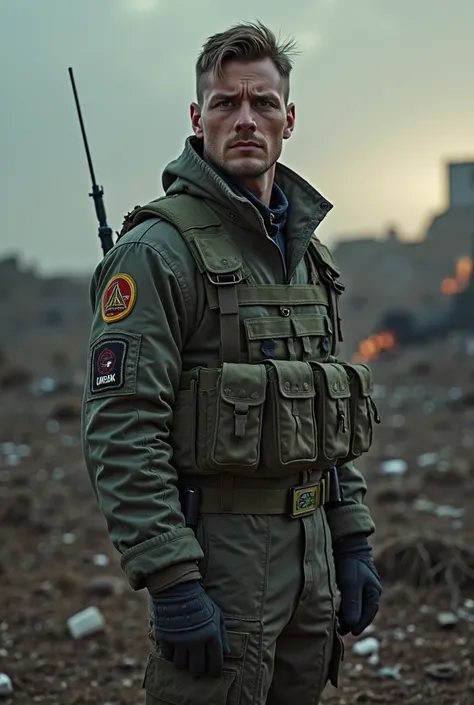 "Image of a Ukrainian soldier, standing on the field, and holds in his hands a large fox of paper with 'CREAK written in capital letters. He stands with a sad look,  His face expresses fatigue, is written in capital letters but in his eyes you can read res...