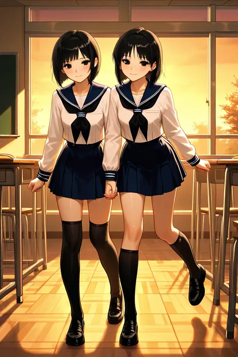 (masterpiece, Best Quality, great quality in the midst of intensity, very aesthetic, Hi-Res, ultra detailed, 4K), (classroom, evening, after school, Girl in front of a pulpit, They are holding hands behind their backs, lean forward, Standing with body weig...