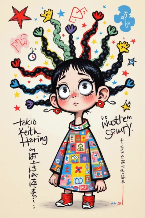 ,  Logo design，  Keith Haring   ( Keith Haring ) style。 girl，Exaggerated hair