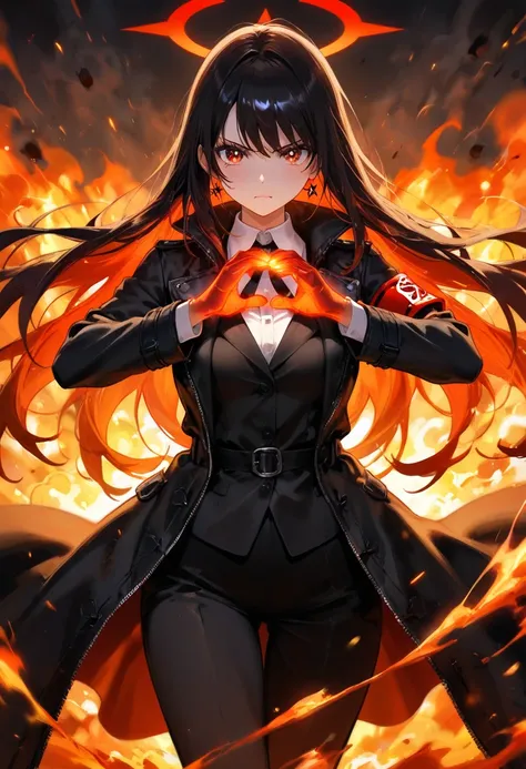 An anime woman stands in a burning melted ground filled.  She wears a cool long black coat and has very beautiful red eyes. afterglow  trail. beautiful black hair with red inner color. flames are burning and it shines red.  She was surrounded by intense fl...