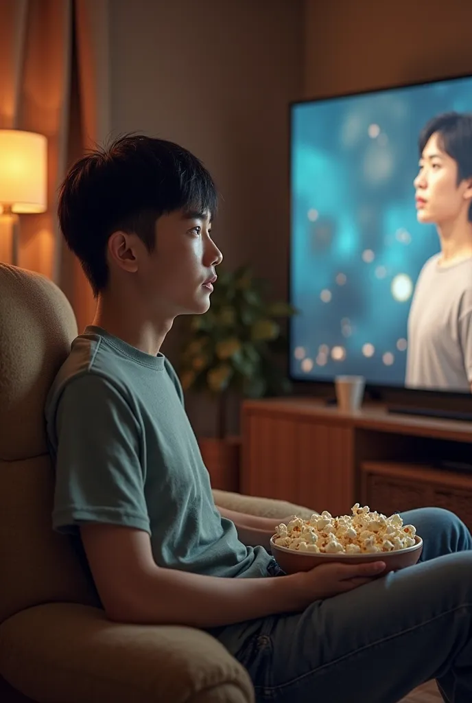 Young man with black haired Chinese watching a series in the living room sitting on an armchair eating popcorn