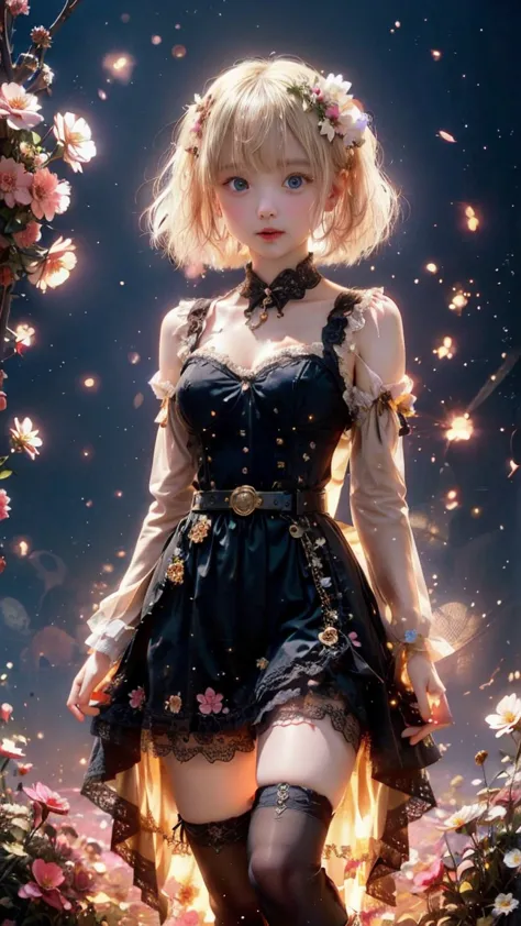 platinum blonde hair、short bob、round face、big eyes、 sagitales、Open Your Mouth and Laugh、pink、bunny girl、High Reg、ガーターbelt、floral lace stockings、lace fabric drape、Round wobble、is erotic、 sexy、Cyberpunk、Steampunk、beautiful gothic style with exquisite gold de...