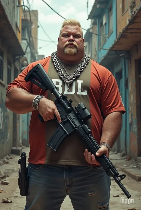 White man with blond hair with goatee
Chubby guy wearing a team jersey written BDL with a pistol holster and a rifle in his hand in the Rocinha favela with a large silver cord around his neck and a silver bracelet 