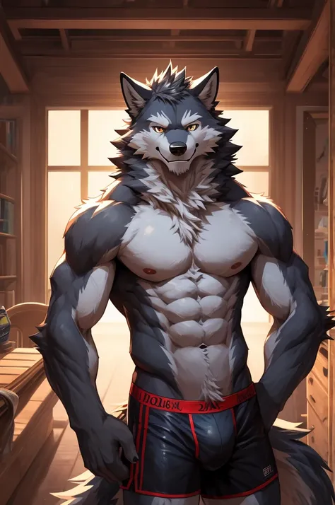 ((( masterpiece, Best Quality, Hi-Res,  deep drawn border, 8k, Super Detail, masterpiece,  correct anatomy,))), ((detailed face:1.2, detailed eyes)), (( full body, looking at viewer, inside  background  )), (( wolf , kemono  )) , ( sexual male, athletic ma...