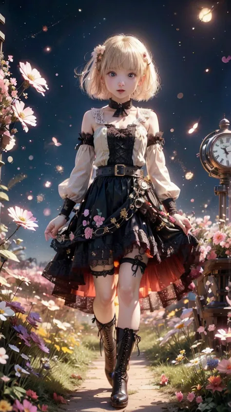 platinum blonde hair、short bob、round face、big eyes、 sagitales、Open Your Mouth and Laugh、pink、bunny girl、High Reg、ガーターbelt、floral lace stockings、lace fabric drape、Round wobble、is erotic、 sexy、Cyberpunk、Steampunk、beautiful gothic style with exquisite gold de...