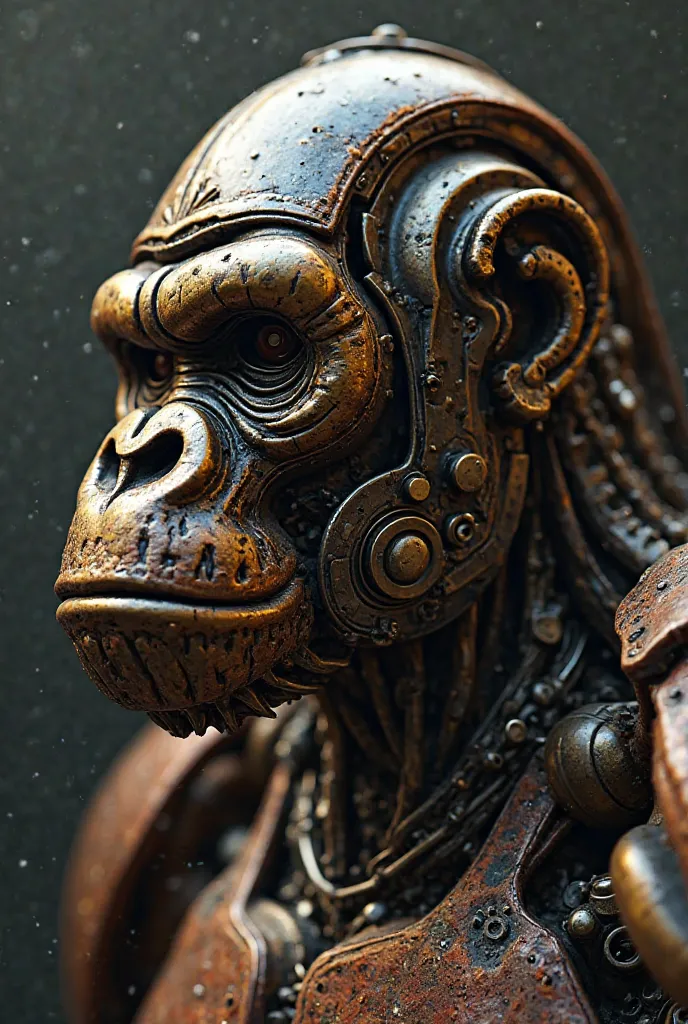 Cinematic lighting, UHD, masterpiece, [Accurate, Super Detail, highly detailed, high quality, Award-winning, best quality, Highest, 16k，Ultra HD，realistic style， Mechanical Gorilla ，Metal Armor ，Steel Structure， black.red.Gold Metal Material Combined Brass...