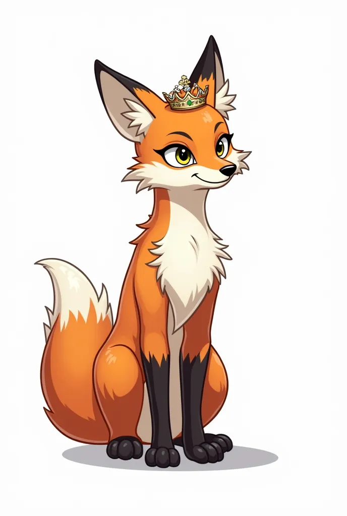 Design a stylized, anthropomorphic fox fursona with a regal crown on its head. The fursona should have:

- A slender, agile body with a mix of orange, white, and dark gray fur
- A bushy tail with a white tip
- Piercing yellow or green eyes
- A delicate, be...