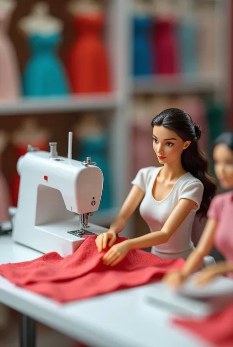 Tiny women figures using sewing machines to stitch fabrics into fashionable women's clothes, such as dresses and blouses. The sewing machines are in a bright, organized workshop with colorful fabric swatches around