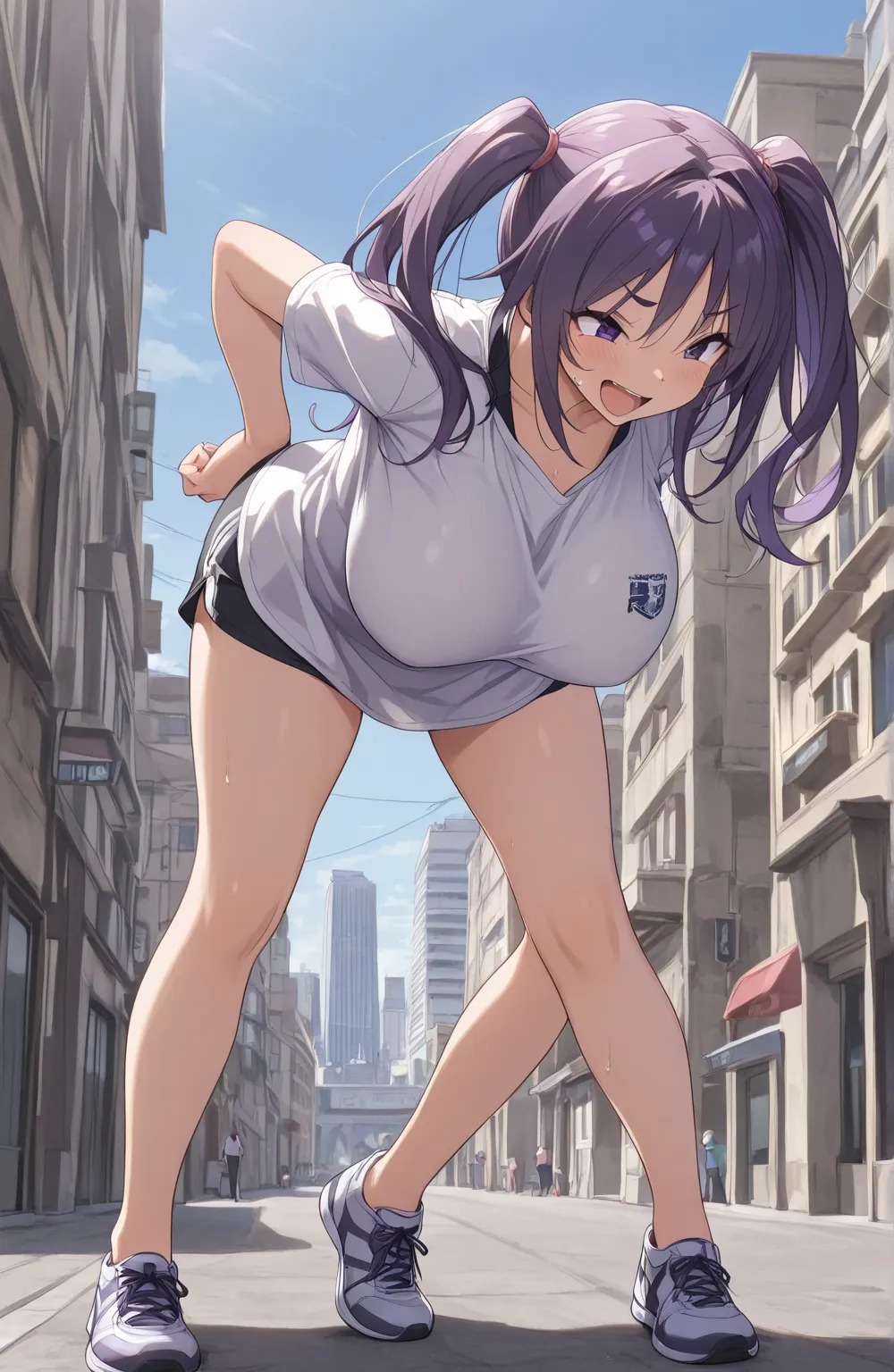 ((highest quality)), (masterpiece), purple hair, long hair, twin pigtails, purple eyes, blows, blush, Hair between eyebrows, (Laughing with open mouth), big breasts, athlete's body, shirt,  soloist , arms behind the back, city,  blue sky, full body,