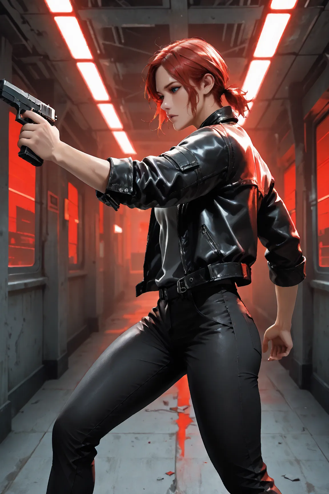 Photorealistic, photography, 1girl, solo, j3sse, slim and toned, red hair, sapphire blue eyes, low ponytail, short ponytail, black leather jacket, tight grey shirt, tight black pants, holding matte black pistol, levitating, (floating off the ground:1,32), ...