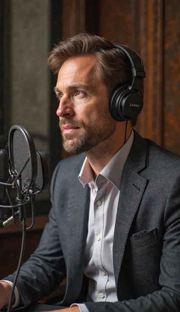 Create an image showing a man in a suit speaking into a microphone, as if participating in a podcast or interview. 

The man has a serious and focused expression, suggesting that he is explaining something important. The setting in the background appears t...