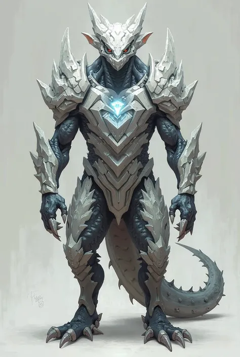 Creates the image of a bipedal Draco with Huezo armor on the square-headed body, with a gray and white body and a light gray crystal in the center
