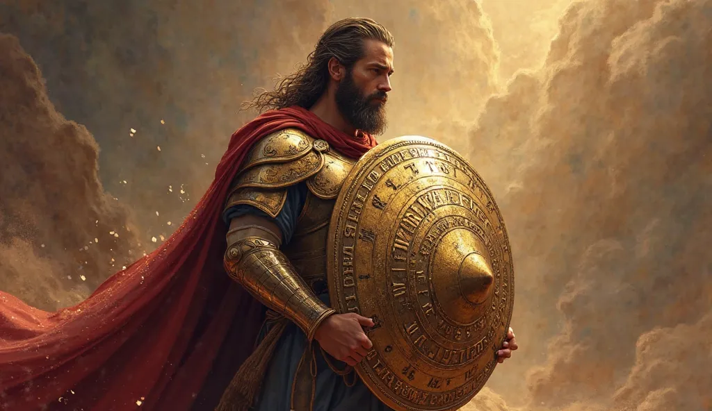 A biblical warrior in ancient robes holding a shining shield with sacred inscriptions, symbolizing the divine defense against the forces of evil. (Style: Realistic illustration, meticulous details on the armor and intense lighting on the shield.)


