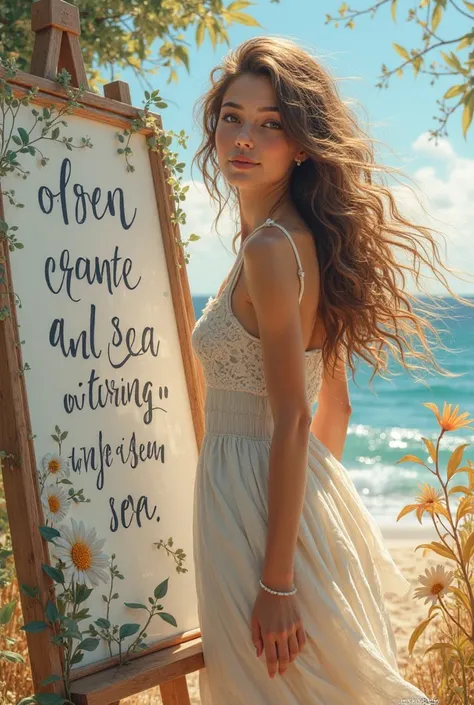  A beautiful girl with long wavy hair ，wearing a bohemian dress， Hand written “I Love Sea” Art Infinity” Whiteboard for text，and show the audience