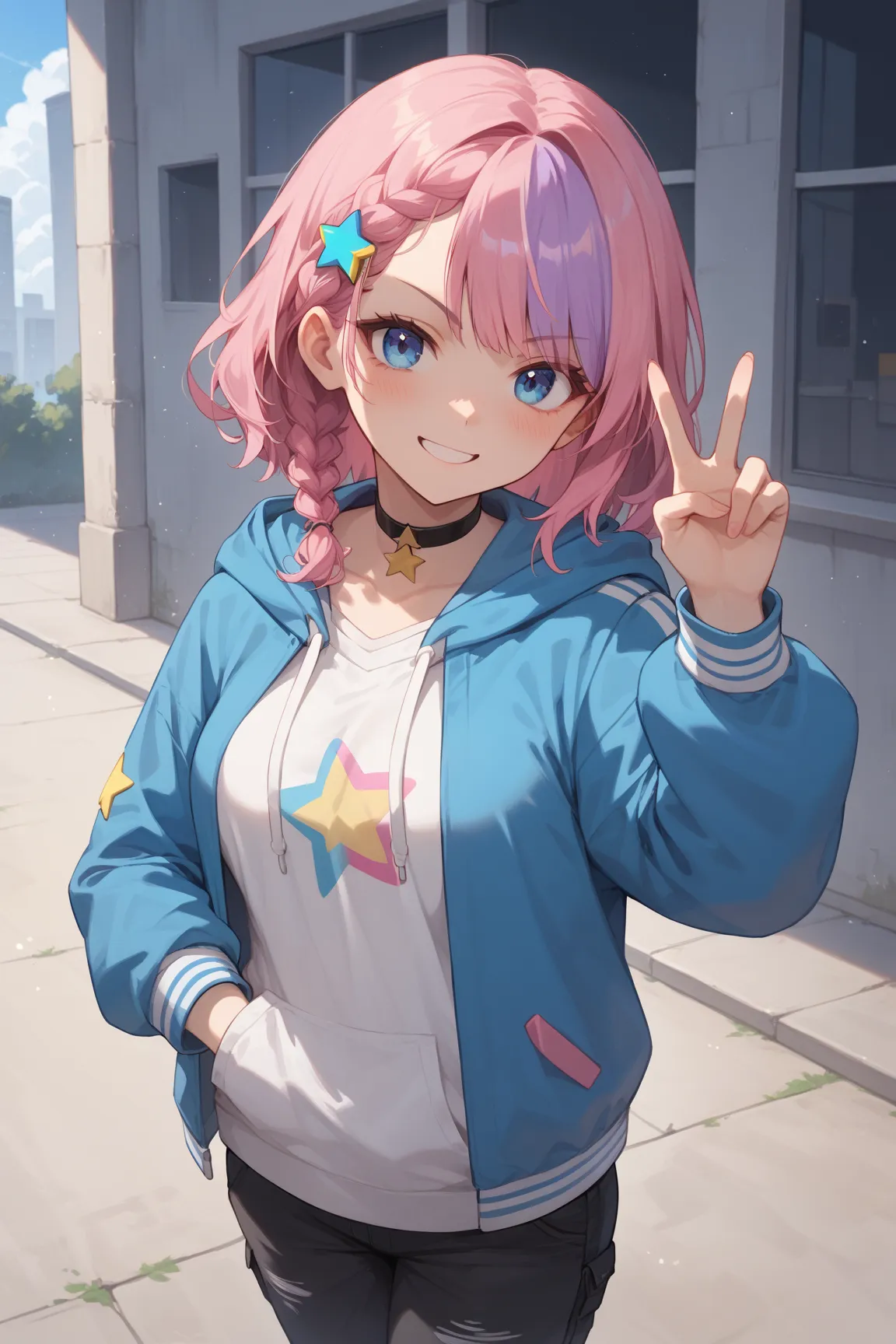 1girl, solo, medium breasts, medium hair,multicolored hair,  blush, smile,bangs, blue eyes,  hair ornament, pink hair, purple hair,  choker,   star \(symbol\), star hair ornament,breasts,   nsfw, shadow , band hoodie, v-shaped eyebrows, outdoors, windy, br...