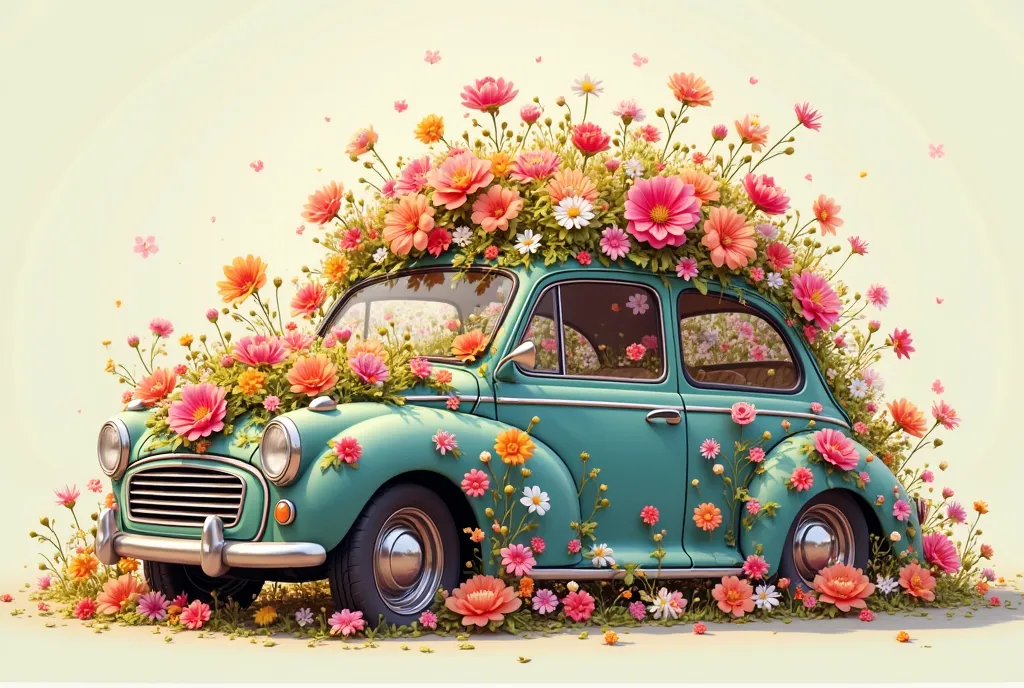 (cartoon): Car with full flowers over its. 