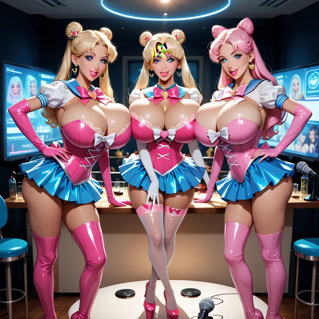 background closed comment room WITH RING VIEW MTV Celebrity Deathmatch(COMMENTATOR TABLE,microphone).3 girls SAILOR MOON SEPER guest stars , (hair Fluorescence ) , Super detailed , 8 k,  hot charming woman,  bimbo,  bimboфикация ,wear a holographic leather...