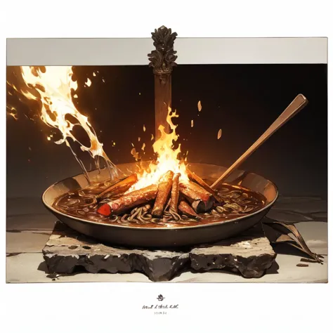 (absurdities,  highres, ultra detailed),(masterpiece:1.4), (best quality:1.4), (High resolution:1.4),  fireplace stone_ card, fireplace stone's icon in the middle, lava plate , metal border ,  Volcano core  ,pepper,food, ,noodle,vegetable,