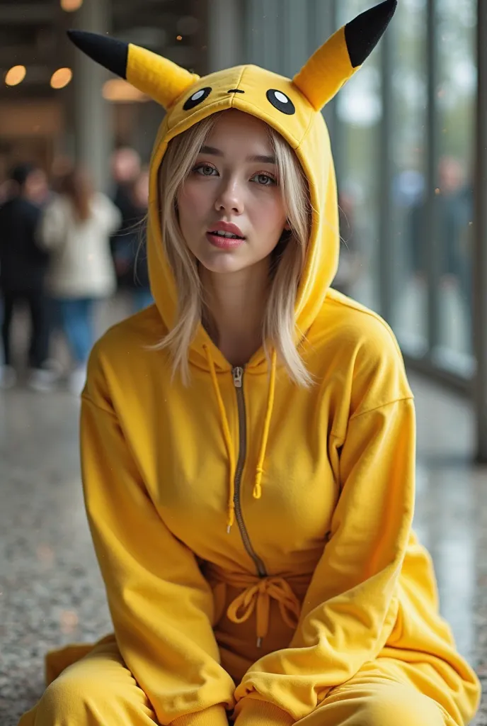 a sexy female cosplayer, muslim female, south east asia girl, cosplaying pikachu, big breast, jacket was open, breast falling out, sit on floor, camera from top to bottom, cute face, open mouth big, tounge out