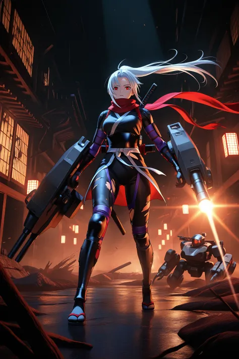 (Female Ninja Cruel Mech: 1.3, Full Body Covered Mech, Heavy AWP on Back, DSLR, Light Tracing, 3D, Concept Art, Action Painting, Film Lighting, Chiaroscuro) :(1.3). Highlighting the curve of the chest, the long white ponytail hair looks graceful and attrac...