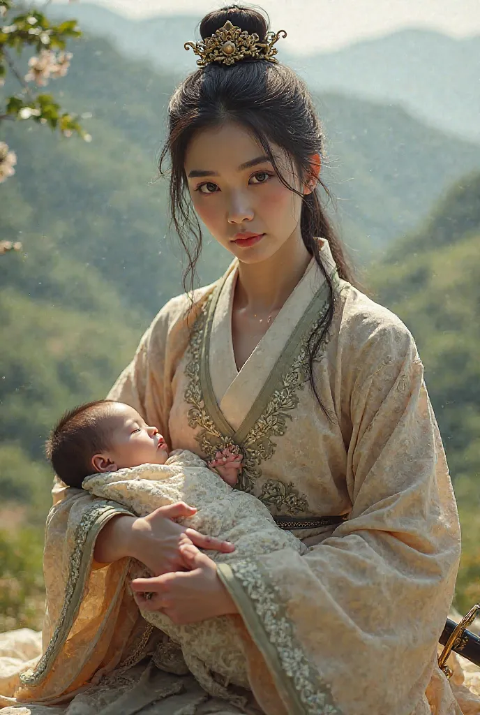 Create an image of a Korean woman swordsman with a noble baby on her lap