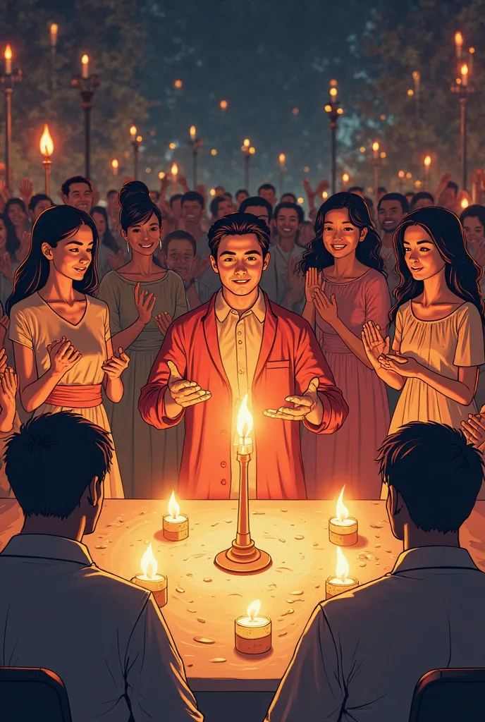 Create a lineart illustration Scene:Ceremony and Blowing Out the Candles: Show the moment when the guardian blows out the candle on the table and all the candles on the sides, symbolizing the end of the ceremony or the beginning of a new phase. The attende...