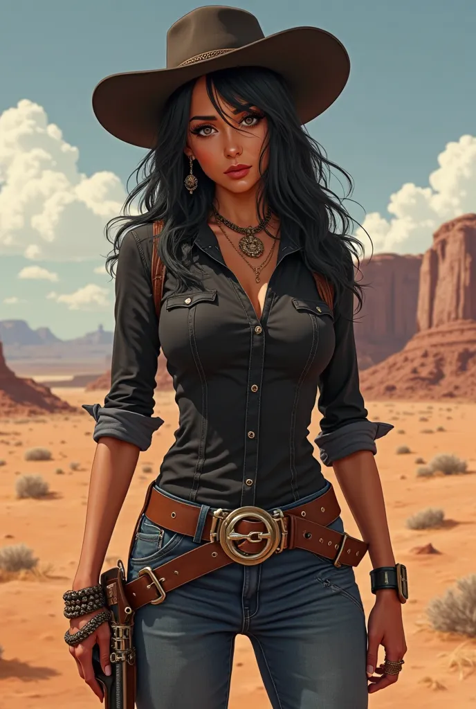 female cowgirl, brown skin, black hair, black clothes, standing pose, confident expression, leather holster, worn denim, cowboy hat, desert landscape, dramatic lighting, cinematic composition, realistic painting, 8k, photo-realistic, ultra-detailed, vivid ...