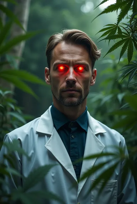 Generate an image for me about a Doctor who has a concept about marijuana, I want a photo of him in the foreground showing how the culture of marijuana stands out in Dr., , preferably that the Dr. has red eyes and that the word is written in some kind of G...