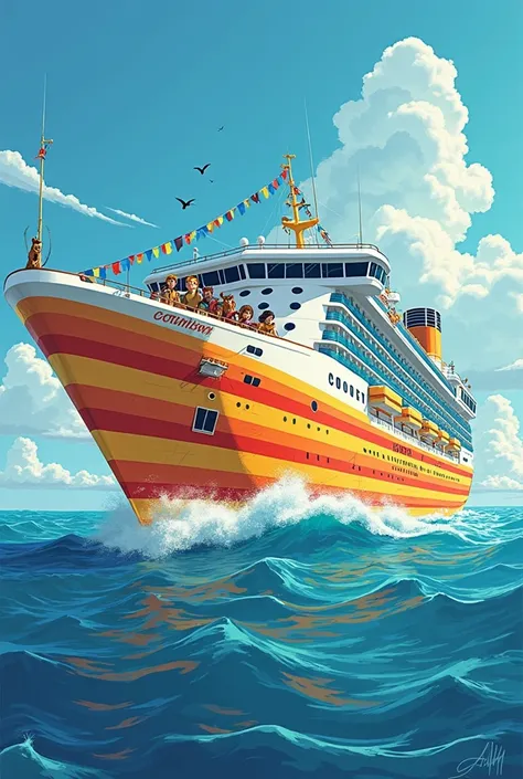 Scooby doo striped cruise ship is a picture of a full boat floating on the sea