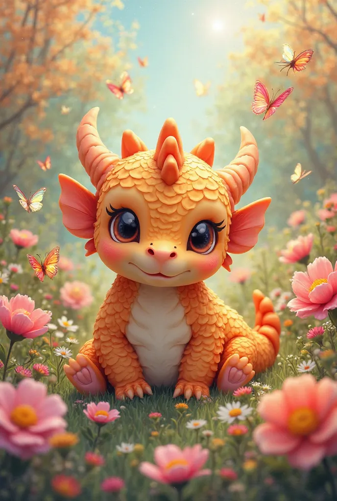 A cuddly dragon with flowers and butterflies 