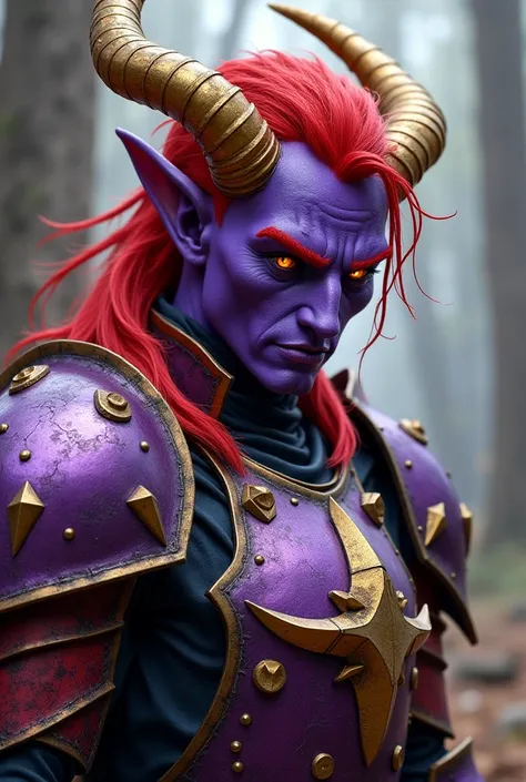  where there is a Tiefling who is also a purple paladin with gold-colored horns and eyes and red hair. He is fighting with his metal armor of the goddesses. He had 47 years. And has a scar across the left eye. But he's also stupid.