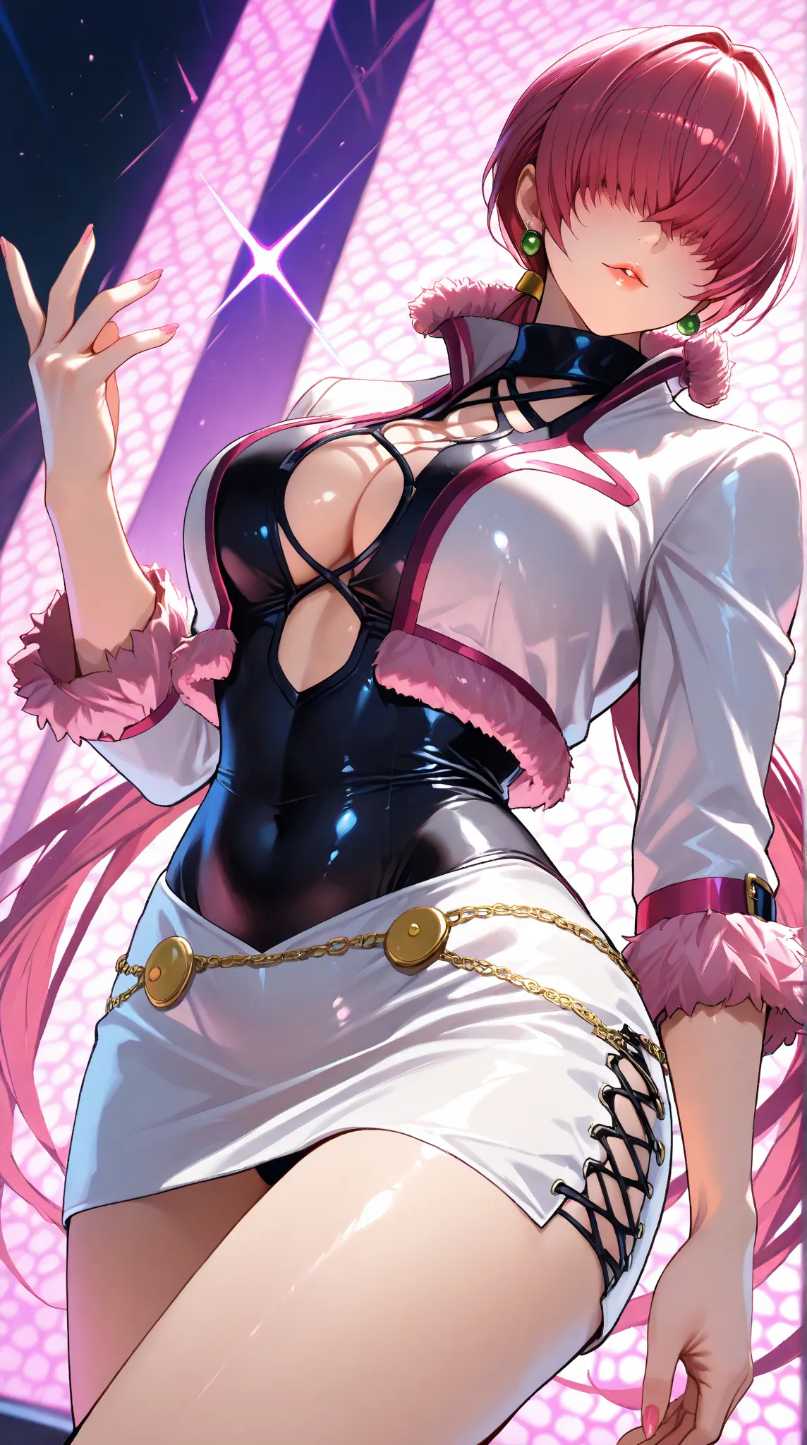 Source_ kof, source_ shermie kof, source_ 8 up,shermie king of fighter, orochi shermi, thunder power,the hair is over her eyes, split ponytail, clothing cutout, earrings, jewelry, miniskirt, white skirt, leotard, white jacket, long sleeves,, (masterpiece, ...