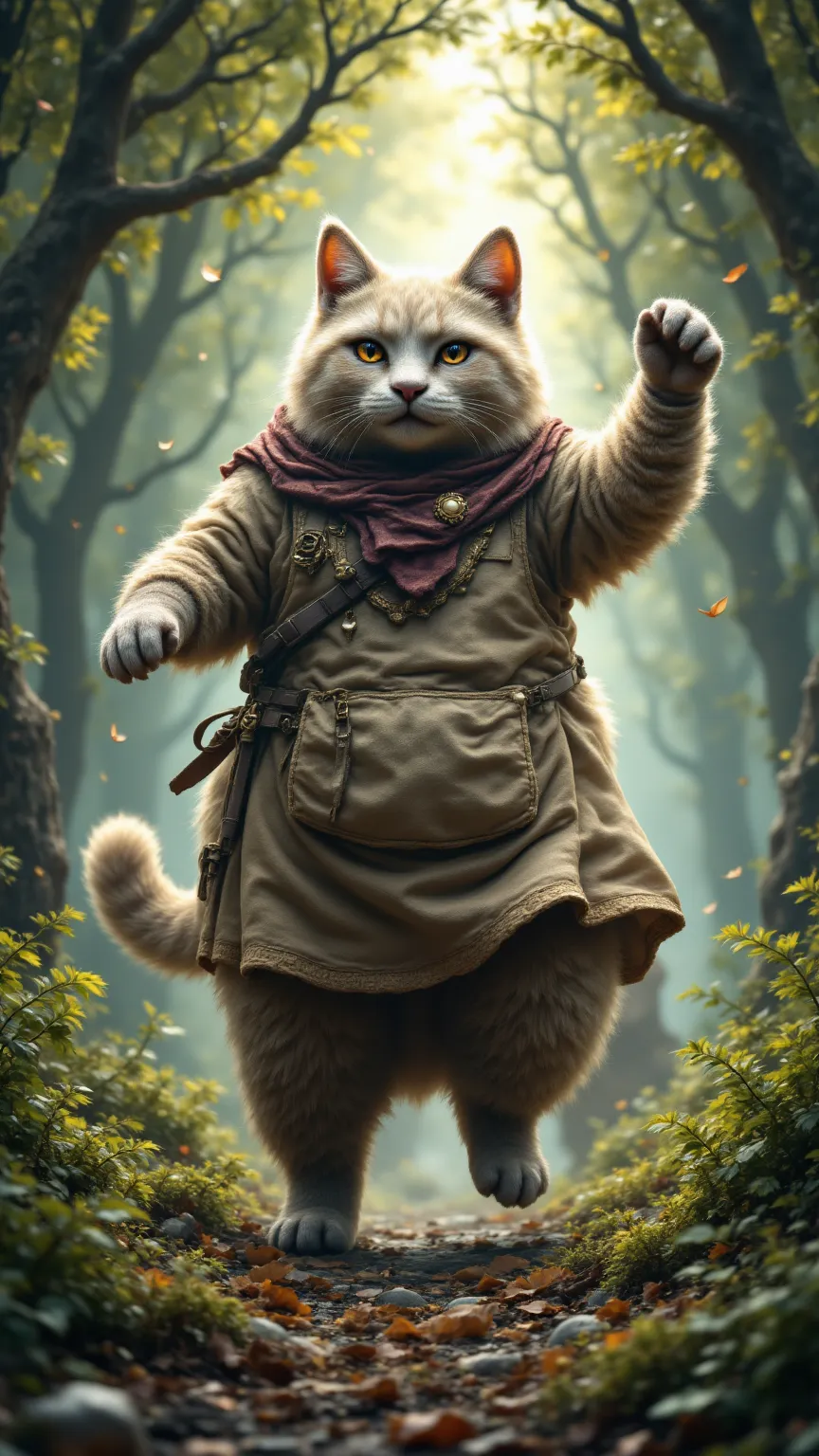 huge kitty， cute围裙，Hand holding a tree branch， cute，((realistic:1.3))，Bright forest， Movie Poster ，Huge body ，( masterpiece，Mirror effect，Cinematic Experience)， dancing happily 