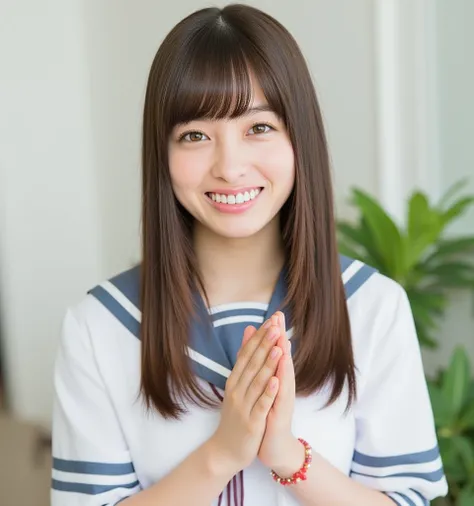   The image is a portrait of a young Asian woman named Kanna with long brown hair and bangs .  She is wearing a female high school sailor suit .   She has a big smile on her face 、Her hands are clasped in front of her  . the background is blurry, but、 look...