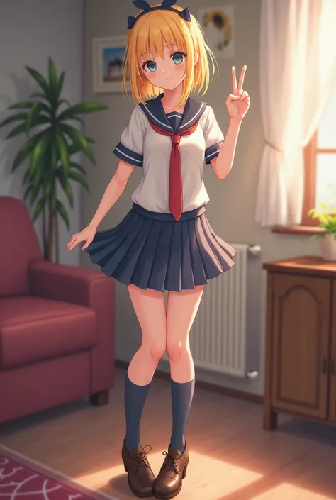 A woman in her house dressed as a blonde schoolgirl with blue eyes and medium height 