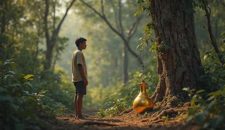 A 25-year-old from an Indonesian village wearing a shabby shirt-faced T-shirt was shocked to see a small jug of gold next to a tree in a realistic forest 