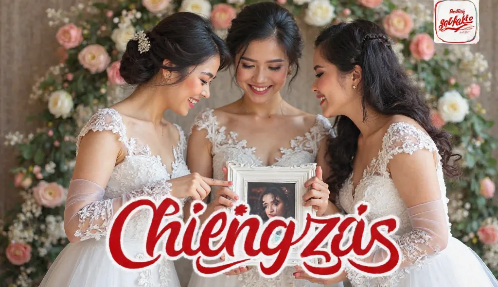 Image is a vibrant, candid photograph featuring three women in elegant, traditional attire. They are wearing intricately designed white dresses with lace details, exuding a sense of celebration. The women have light to medium skin tones and dark hair style...