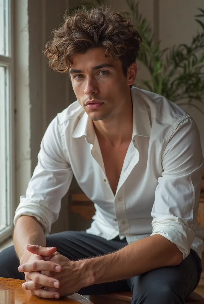 A young man siting on the table,handsome , curly hair ,in the shirt pants
