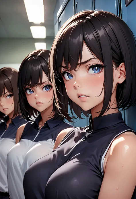 (中学生のgirls:) ,  (3人のgirls:1.8),    ( black hair:1.4),  (I have a  with a bob cut, twin tail, and ponytail:1.8)?(sunburn:1.4),   ( full body photo:1.6),girls,  (bikini:1.4),(Locker room:1.4), ,pull your chest,   angry face, open your mouth slightly,   while...