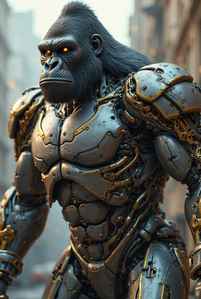 Cinematic lighting, UHD, masterpiece, [Accurate, Super Detail, highly detailed, high quality, Award-winning, best quality, Highest, 16k，Ultra HD，realistic style，Huge Mechanical Gorilla，Metal Armor ，Steel Structure，gold.Silver Metal Material，Internal mechan...