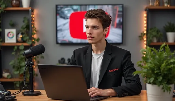 Create a image of "A 18 years smart boy, sitting in front of a computer desk with a microphone and laptop, wearing black blazer with the Channel Name on it "amazing facts" The background includes a large YouTube logo on the wall, potted plants on either si...