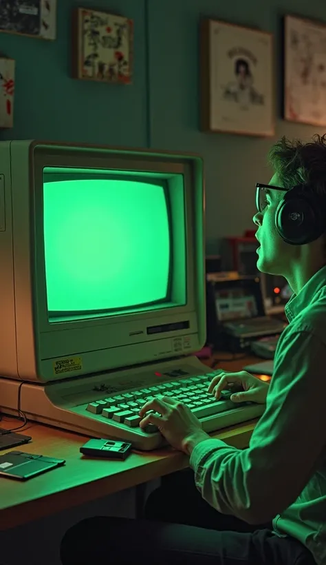 "A modern person sitting at a desk, looking shocked at a massive, old 1980s computer with a green monochrome CRT screen. The computer has large keys, a bulky monitor, and floppy disks scattered on the desk. The background is dimly lit with vintage tech, gi...