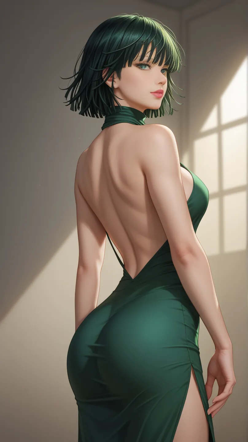 Stunning fubuki one punch man, turtle neck flowing maxi dress, dark green hair, big round ass, cowboy shot from behind , 