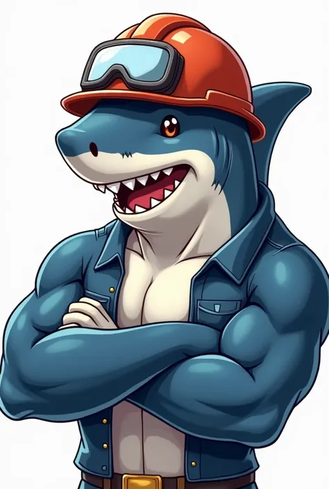 a shark with its engineer's work helmet,with arms muscles, with a smiling expression of confidence, showing confidence and leadership ,Without covering your face,  for a high-quality logo design, 4k, ultra detailed,  Looking Forward .In anime in png format...