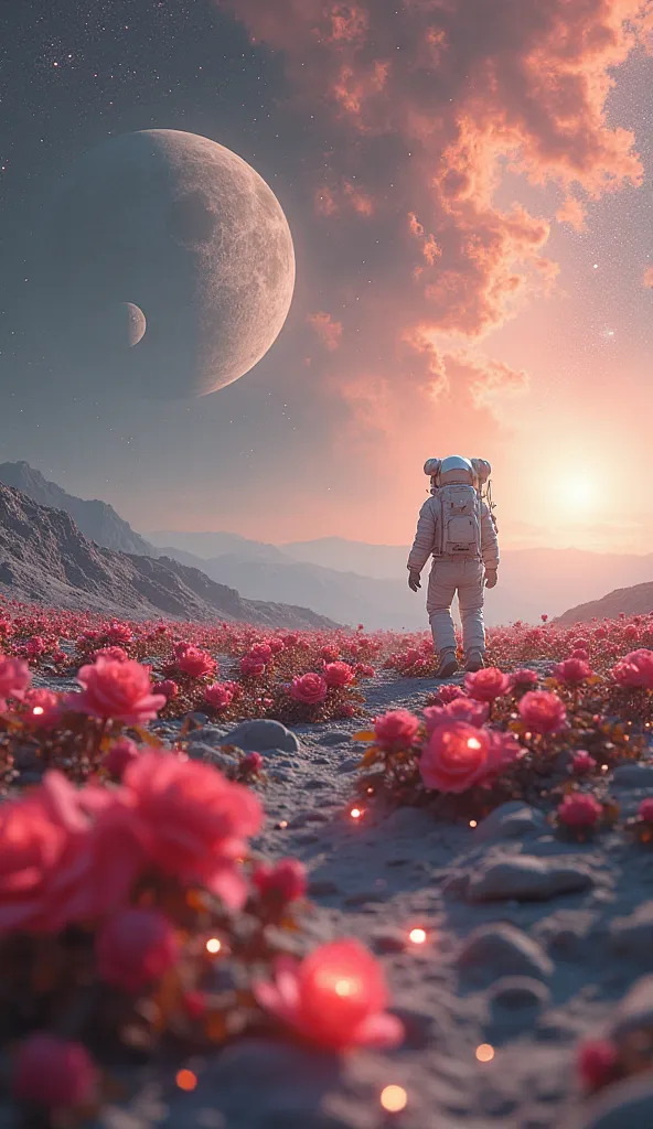 An ultra-realistic image of an astronaut standing and walking toward the horizon on a vast field of rocky roses on the lunar surface. The astronaut, wearing a highly detailed spacesuit with visible wear and light reflections, moves slowly, their feet kicki...