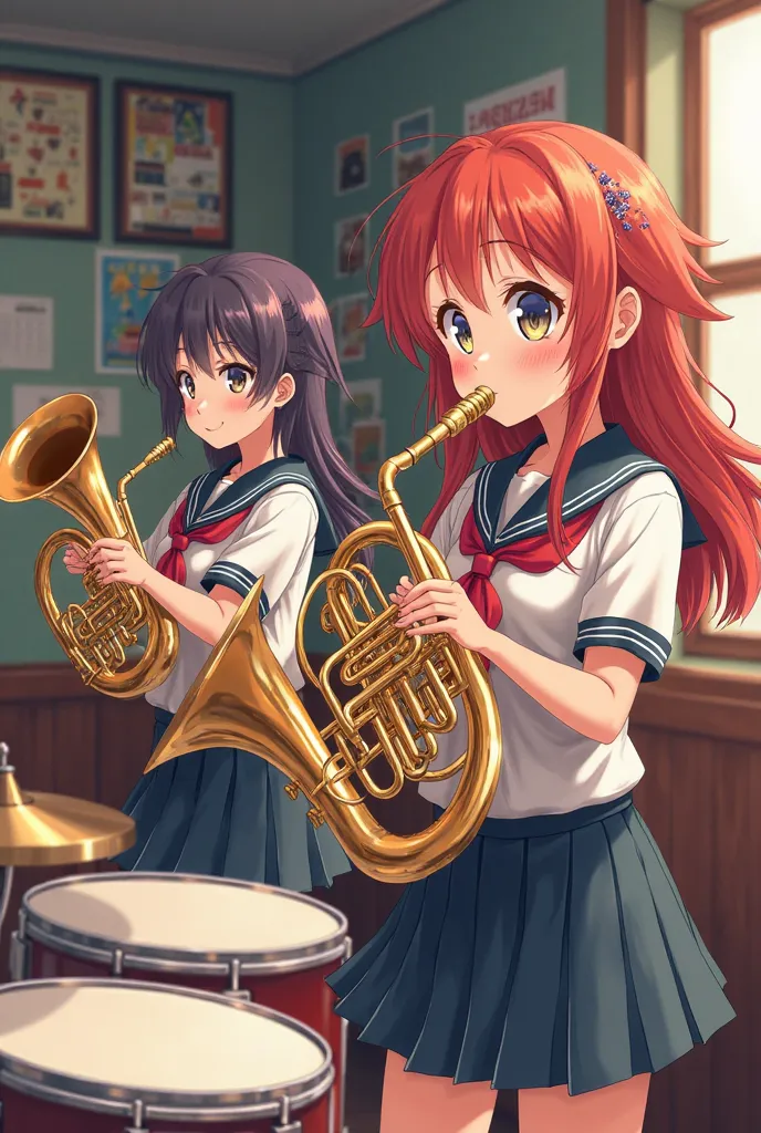 high image quality，illustrations、anime style、 2 high school girls、French horn、 drums、Club room、Brass band、